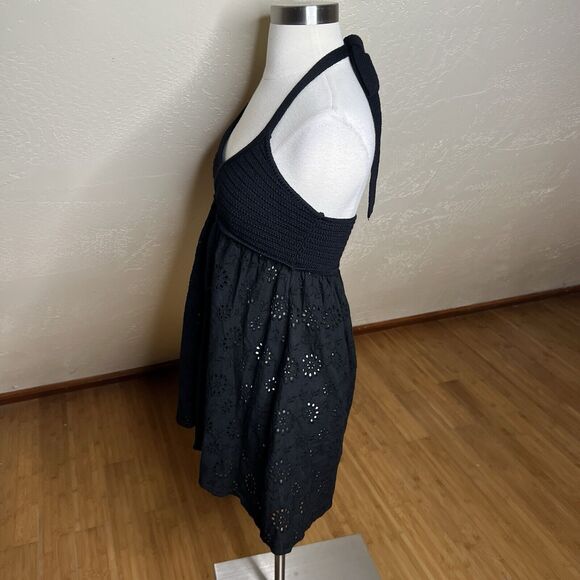 Zara Mini Dress Womens Small Black Crochet Eyelet Halter Babydoll Not Lined Boho - Picture 7 of 8